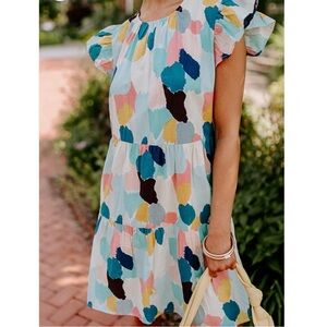 THML Multicolor Spotted Flutter Sleeve tiered mini dress.